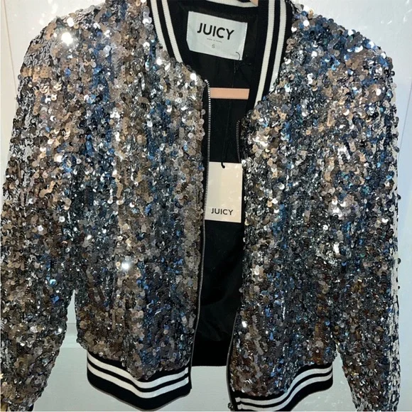 JuicyWomen's Sequin Bomber Jacket - Silver Blue - Picture 1 of 3